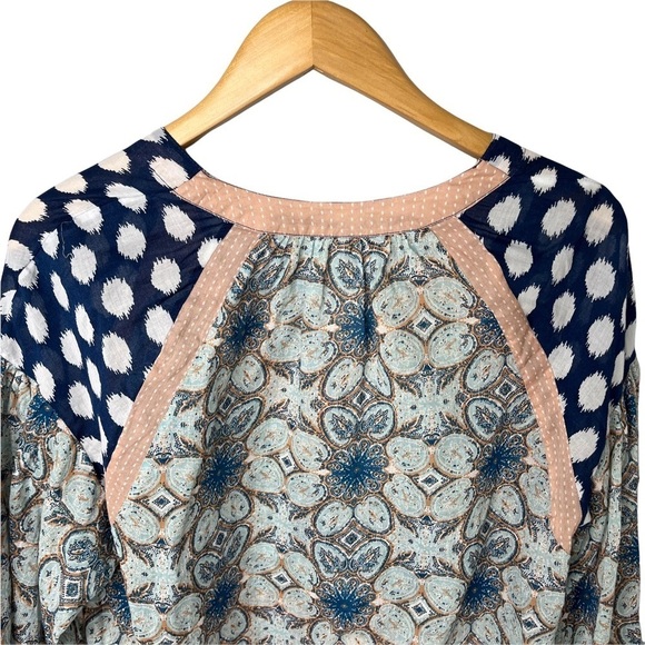 Free People Cropped V Neck Blouse Top Mixed Media Polka Dot Size XS Flare Sleeve - Picture 5 of 7